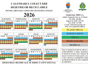 Nu uitați! Săptămâna aceasta, Salubritate 2000 SA colectează deșeurile reciclabile, de la case, conform graficului