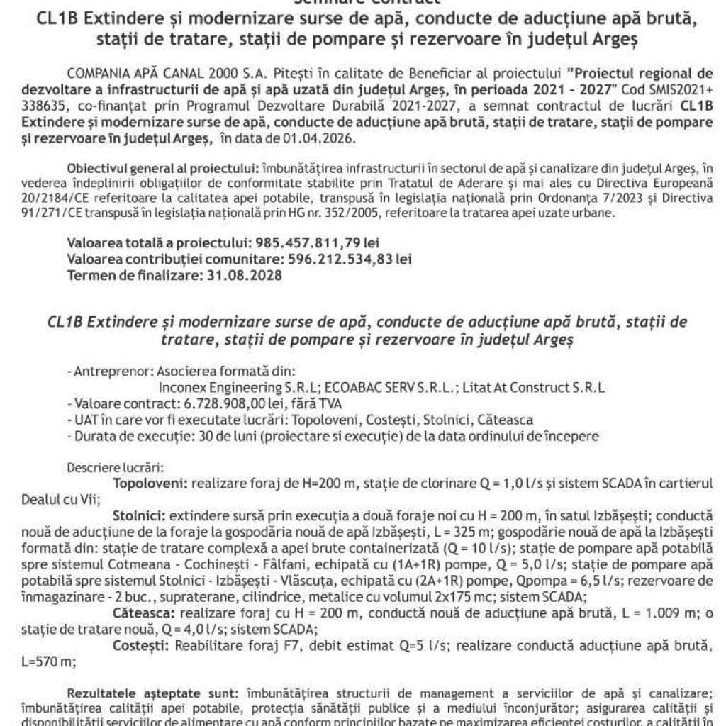 S.C. Apă Canal 2000 S.A. Piteşti anunţă semnarea contractului "CL1B pentru extindere şi modernizare surse de apă, conducte de aducţiune apă brută, staţii de tratare, staţii de pompare şi rezervoare în judeţul Argeş" 1 comunicat cl1b apa canal 1650 1651