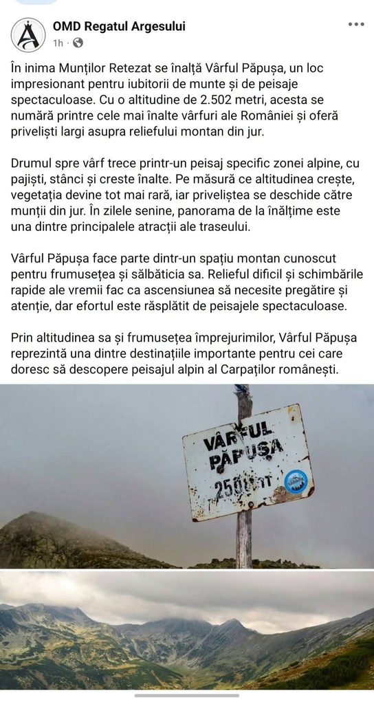 Promovăm Argeșul… cu obiective din alte județe! | Scandalul postărilor șterse de OMD Regatul Argeșului 1 omd postare varful papusa 2